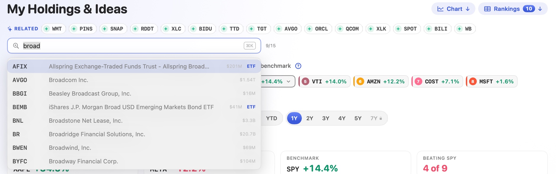 Typing “broad” in the ticker search shows matching stocks and ETFs, with related tickers suggested above